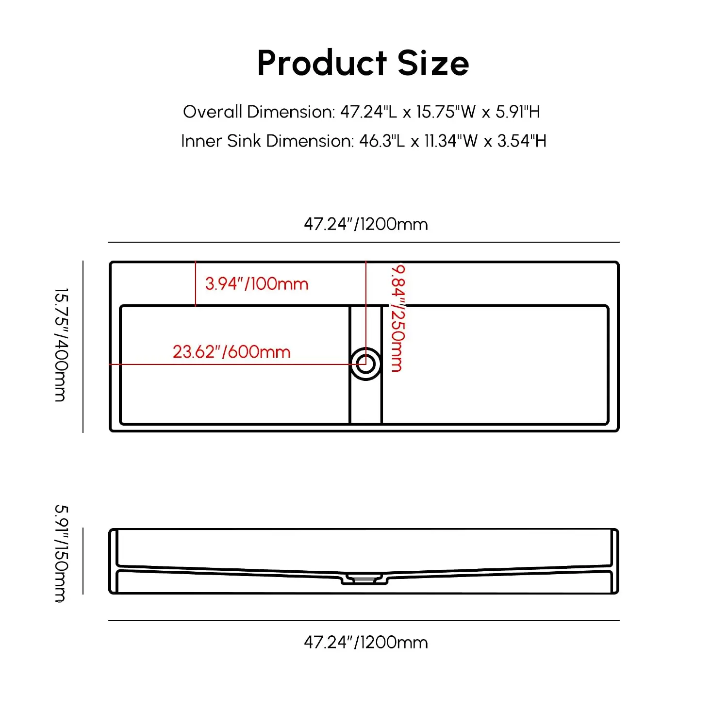 47'' Bathroom Vessel Sink Double-Bowl Bathroom Sink Wall Mounted Trough Floating Sink in Matte White, Customized