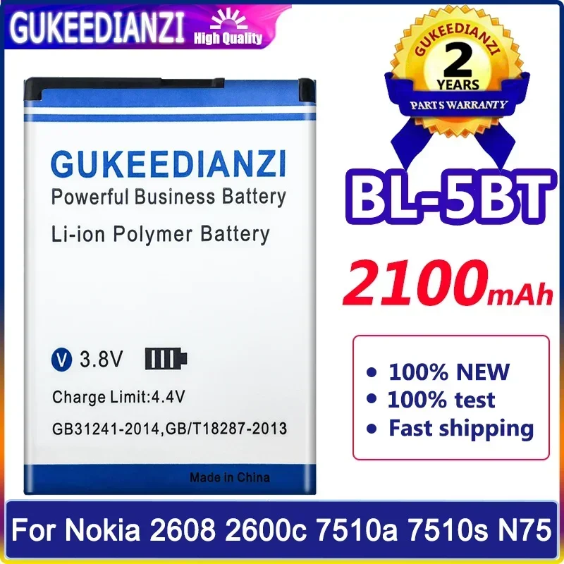 GUKEEDIANZI BL-5BT 2100mAh Replacement Battery For Nokia NK N75 N76 5140 6120 7510 2600 2600c Capacity Batteries Bateria