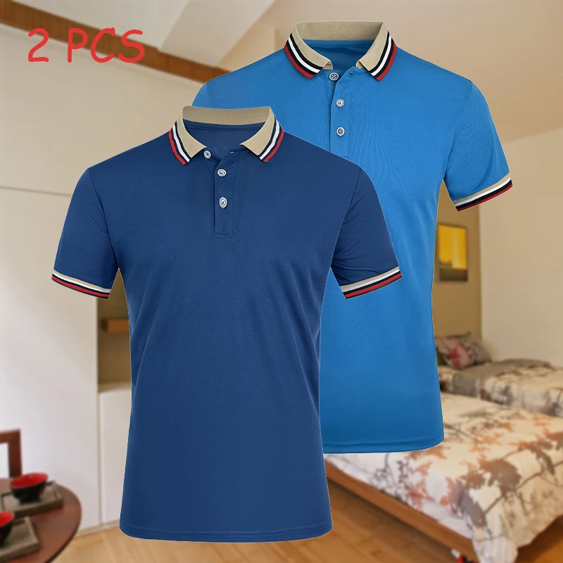 2PCS männer Polo Sommer Feste Beiläufige Büro Atmungsaktive Alle-spiel Hemd Mode Marke Männlich Business Gestreiften Kurzarm top