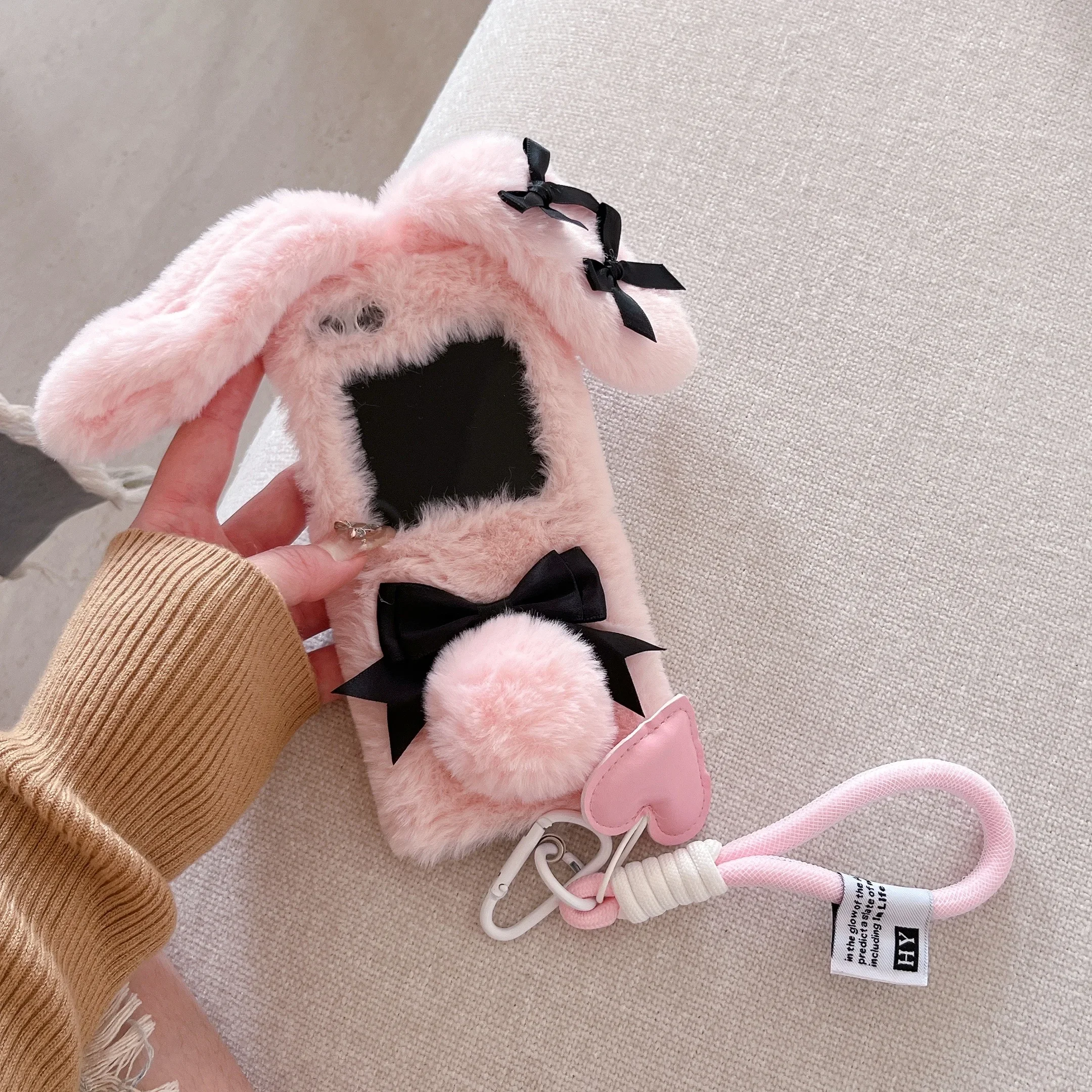 For Galaxy Z Flip 6 5 4 3 bowknot Maid Bunny Folding Plush Phone Case with Lanyard Phone protective jacket