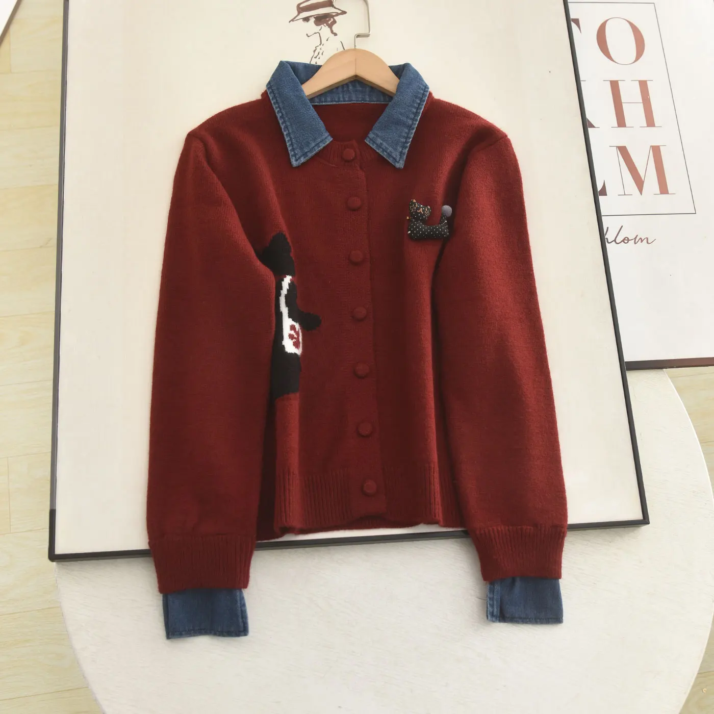 Vintage Burgundy Red Knit Cardigan Women Denim Patchwork Cute Cat Jacquard Down Cropped Sweater Casual Long Sleeve Knit Outerwea
