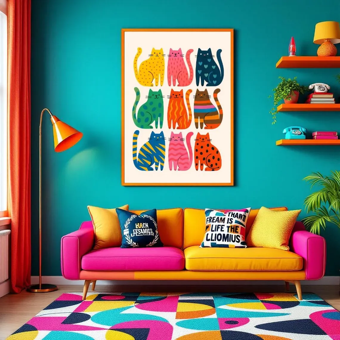 Retro Color Cats Poster, Colorful Cat Wall Art Print, Nursery Decor, Playful Kids Room Art, Kitty Illustration, Cat Poster, Digi