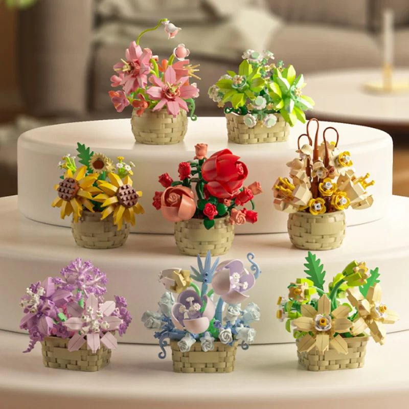 Micro diamond particles flower building blocks bonsai garden romantic office decoration potted plant model set children's toys