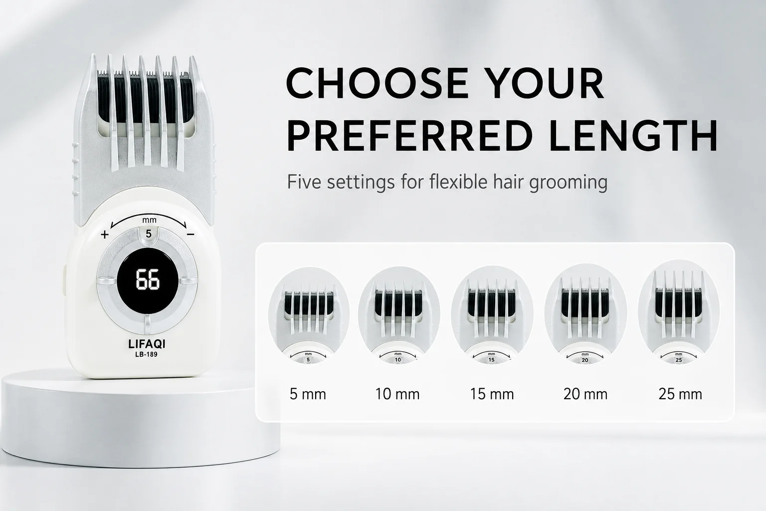 LIFAQI LB-189 Mini Hair Clipper for Men, 5-Length Cordless Trimmer, USB-C Rechargeable with Digital Display