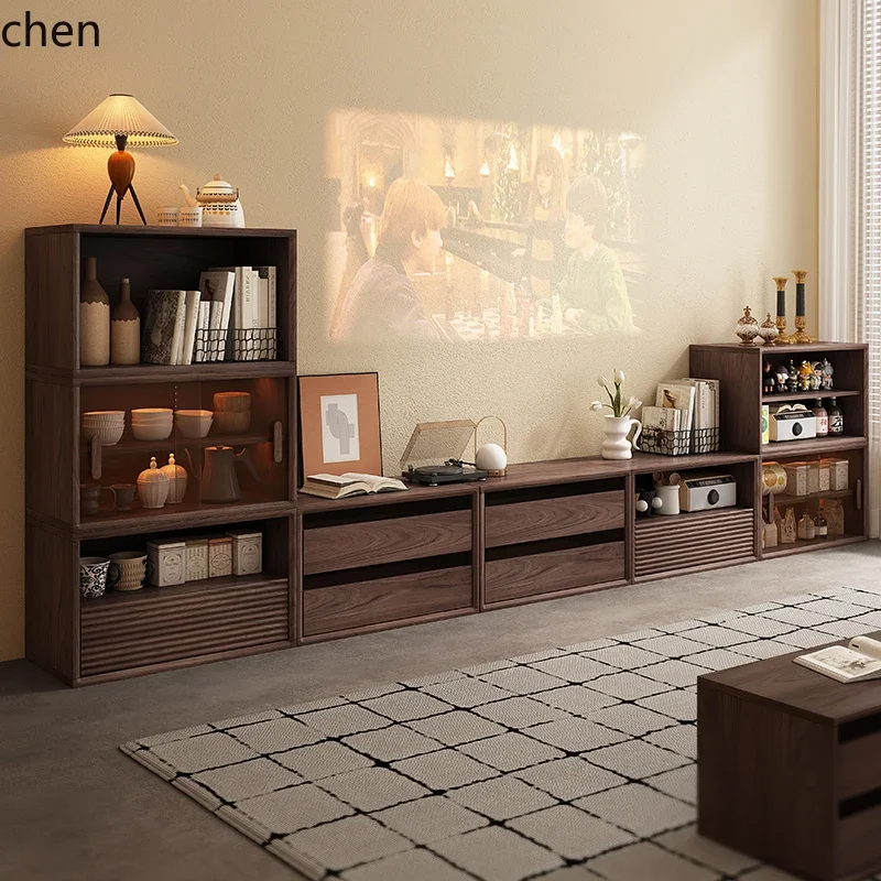 Solid wood combination bookcase display cabinet black walnut color living room module storage low cabinet