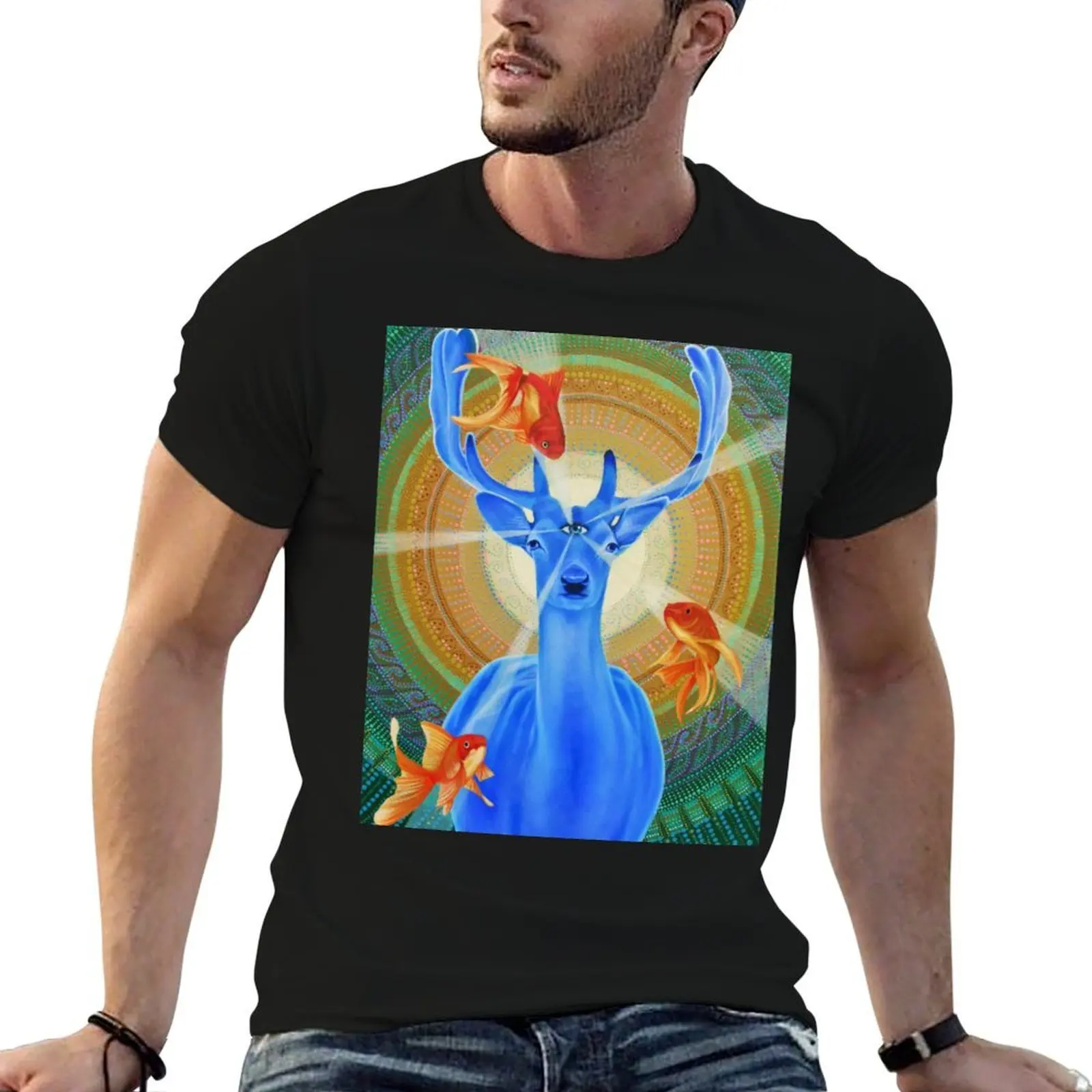 - EL VENADO AZUL - ART BY PASCAL ROY Camiseta de algodón, paquete de camisetas con estampados, camiseta de lujo para hombre