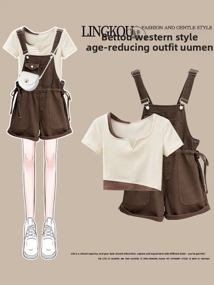 

Летний модный антивозрастной комплект для женщин больших размеров: футболка с коротким рукавом и джинсовые шорты на бретелях, двухсоставный ансамбль с круглым вырезом