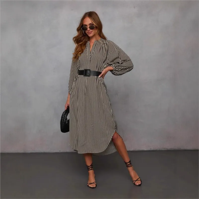 

Striped Printed Long Sleeved Sexy V-neck Mid Length Dress Spring Autumn Fashion Belt Irregular Long Frock Vestidos Para Mujer