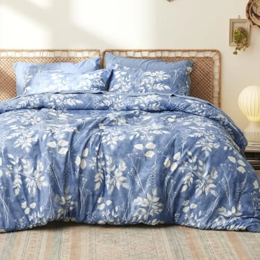 

Comforter Set - 7 Pieces Floral Blue Soft Bedding Sets Bed in a Bag with Botanical Flowers Comforter Sheets Pillowcases and Sha