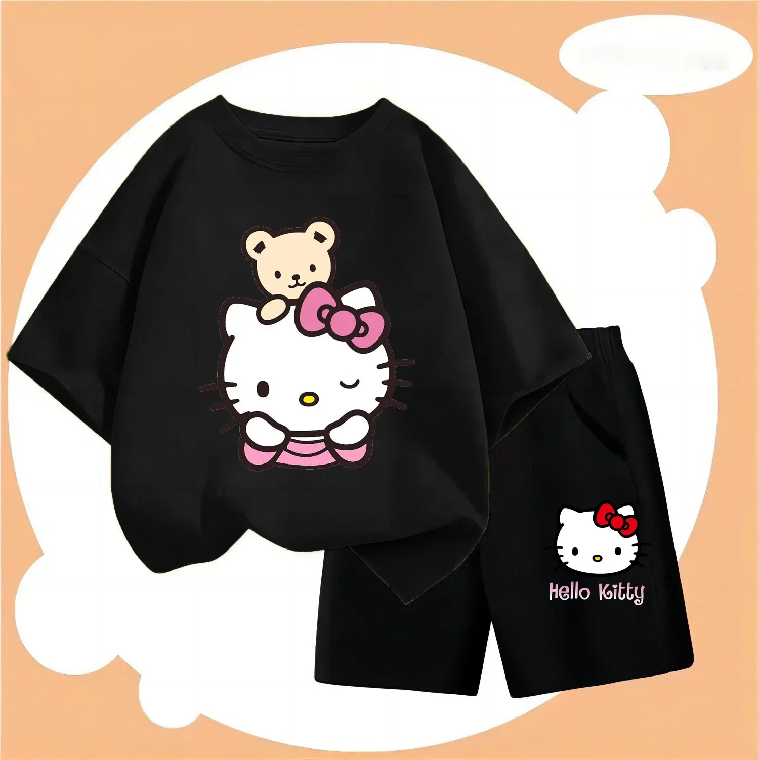 Hello Kitty  T-shirts Short Sleeve Streetwear Pullover Baby Boy Clothes Sets Sanrio Tops Kids Tshirt Set Kuromi Girls