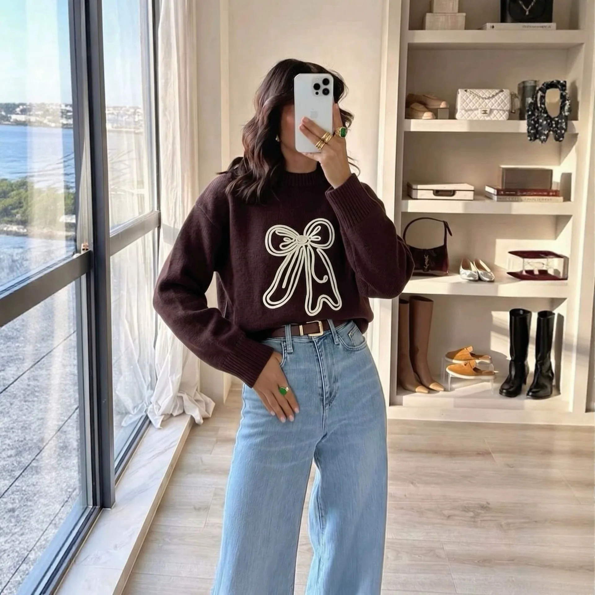 Cute Bow Embroidery Sweater Women Korean Style Round Neck Loose Knit Tops Chic Casual Long Sleeve Pullovers Jumper Outerwear