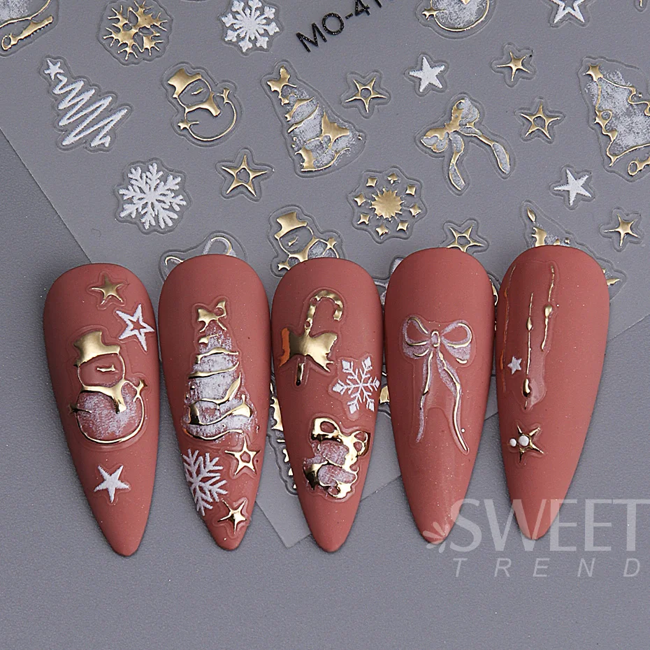 5D Kerst Nagelstickers Goud Wit Elanden Sneeuwvlok Sneeuwpop Boog Ster Boom DIY Winter Kerst Decal Slider Manicure Kunst Decoratie