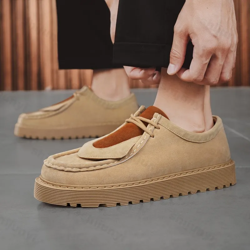 

Men Vintage Loafers 2025 Autumn Winter New Fashion Lace Up Suede Platform Leather Shoes Comfortable Height Increase Casual Shoes