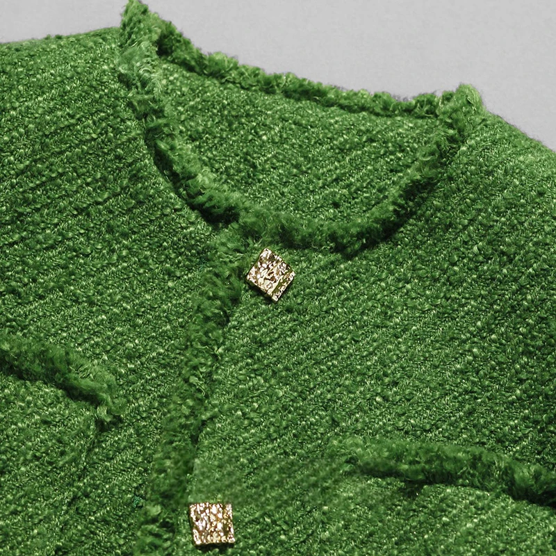 Nuovo cappotto monopetto alla moda, elegante, retrò, verde, di fascia alta, elegante, piccolo, profumato, floreale grossolano, girocollo