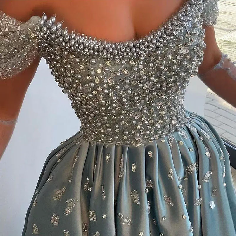 

Luxury Satin Blue Pearls Beaded Crystals Strapless Off shoulder A-line Princess Evening Dress for formal Party Vestidos De Gala
