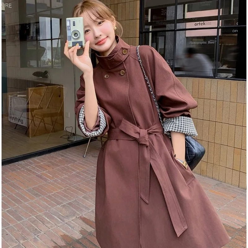 Trench da donna con cintura doppio petto Slim Fit di media lunghezza stile coreano Cappotto primaverile casual Capispalla W1849