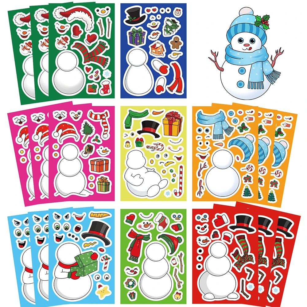

8/16sheets Cute Cartoon Christmas Snowman Puzzle Stickers Make a Face DIY Funny Assemble Jigsaw Decals Party Decoration Supplies