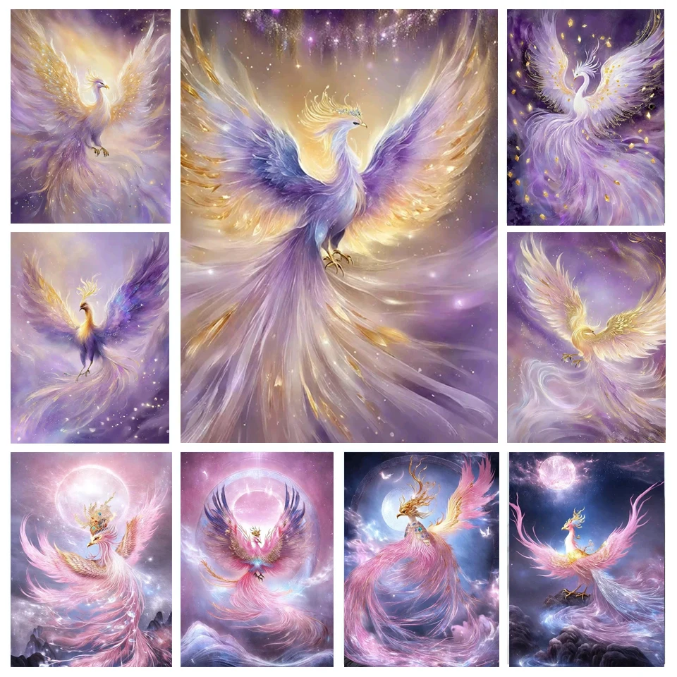 Golden Purple Phoenix DIY Diamond Art Painting New 2024 Mosaic Cross Stitch Kits Rhinestone Embroidery Picture Home Decor E600