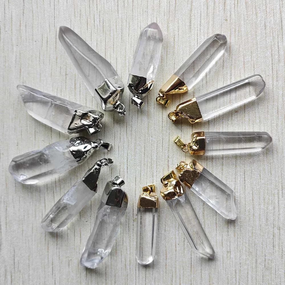 Natural Crystal Gold Color and Silver Color Irregular Prism Pillar Pendants for Jewelry Accessory Making Wholesale 12pcs