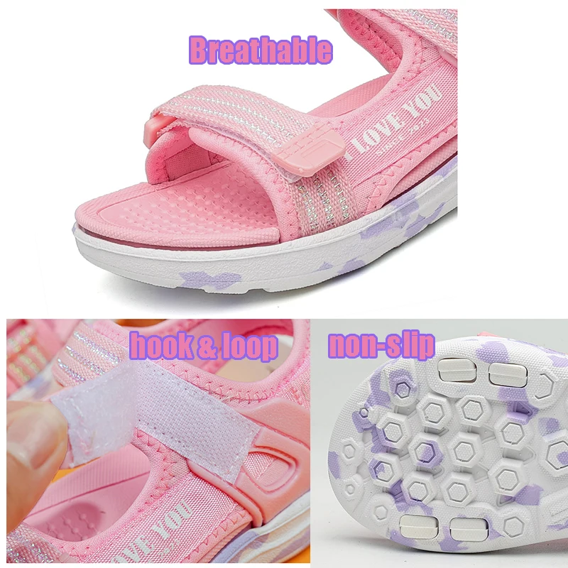 Sandals Girls Soft Soles Casual Shoe Fashionable Princess Shoes New Flowers Pink Flat Shoes  Brand Non-slip Beach Shoes Children