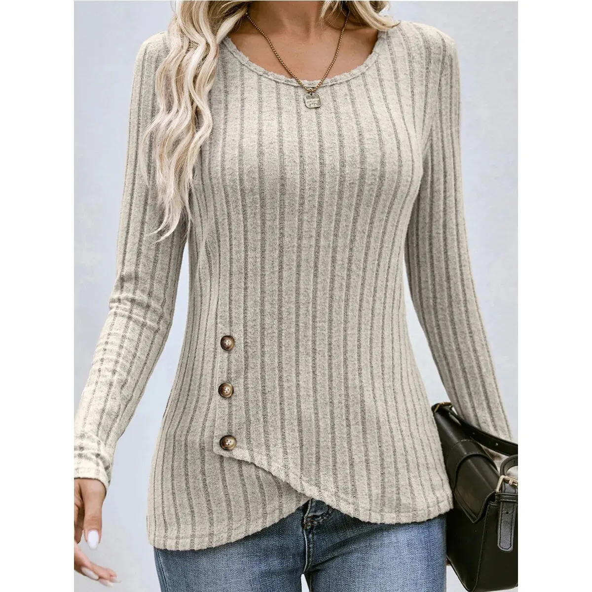 Autumn Winter Long-sleeved Round Neck Top Women's Fashion Casual Irregular Solid Color Street Style Buttons Pullover Tshirt New