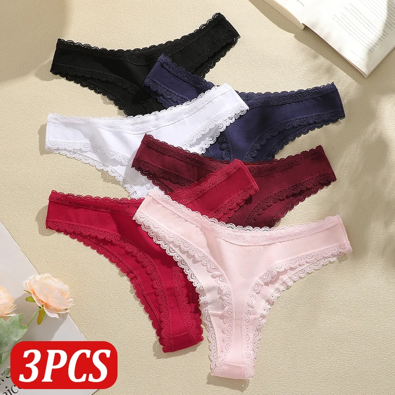 3Pcs/Set Seamless Cotton G-string Panties Women Sexy Low Rise Elastic Breathable Thongs Patchwork Lace Soft Comfortable Lingerie