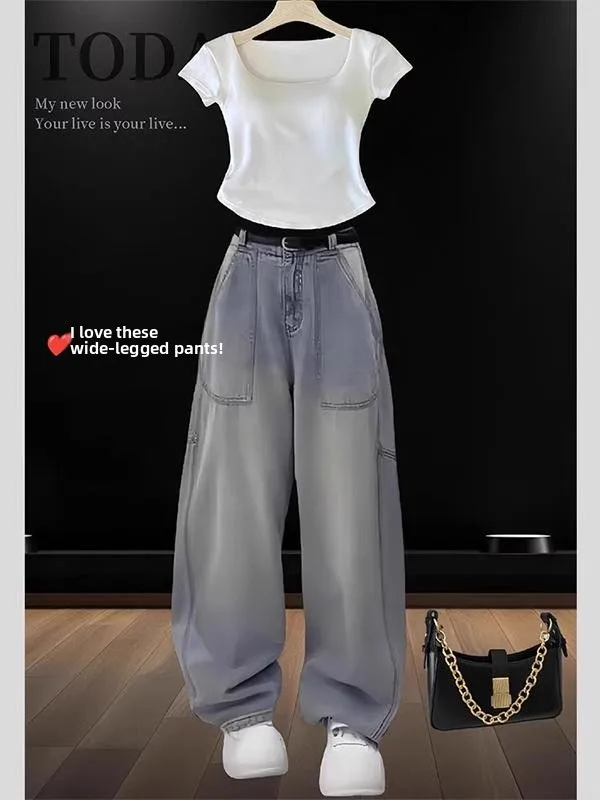 

High Waist Wide Leg Jeans Women's Straight Cut Loose Slimming Long Pants Autumn Blue Denim Fabric Button Closure 18-48 Years Old