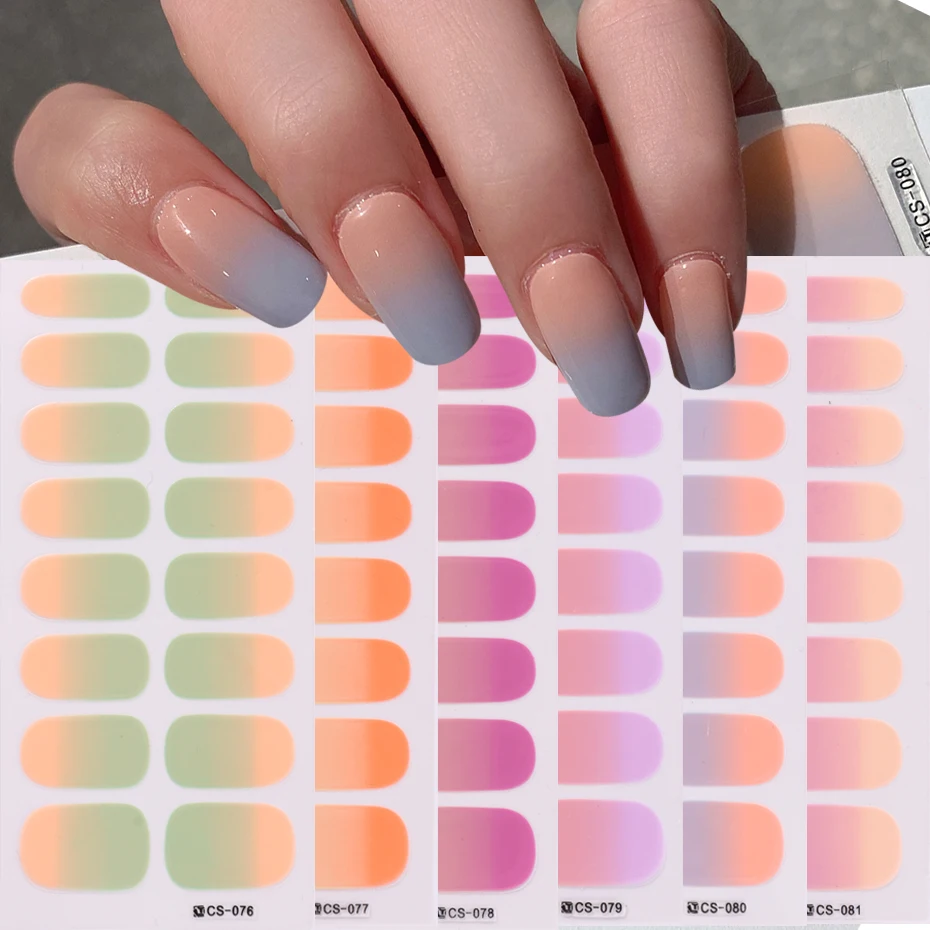 6pcs/set Baking Free Solid Gradient Full Cover Nail Sticker Patch Strips Nail Polish Strips Wraps for Women Manicure Decoration