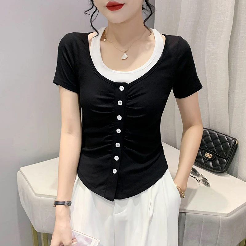 

2023 New Summer European Clothes Cotton T-Shirt Chic Sexy O-Neck Fake Two Pieces Button Women Short Sleeve Tops Basic Tees 32266