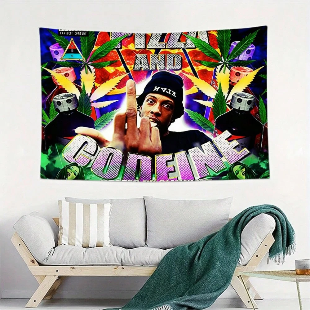 1pc Pizza And Codeine Hip Hop Tapestry, Rapper Fan Wall Hanging, Cool Room Stuff, Large Size, Polyester 2D Print, Bedroom Stuff,