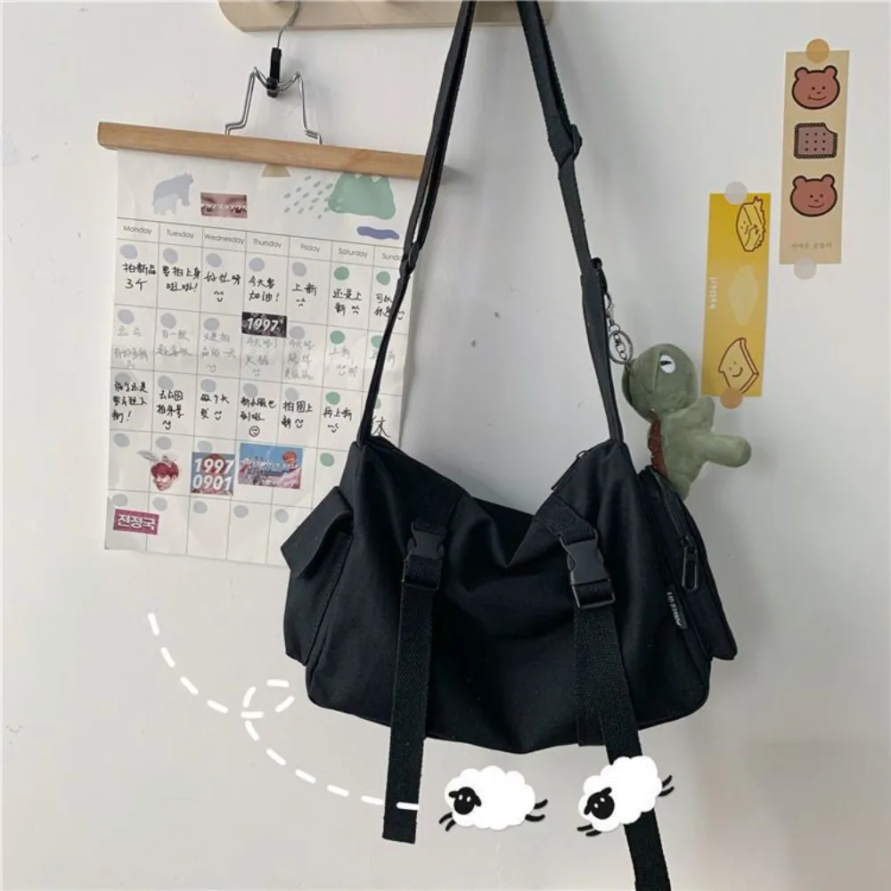 Black Crossbody Bags Women Design Pockets Canvas Large Capacity Tote Dark Academia Retro Cross-body Bag Unisex BF Japanese Style