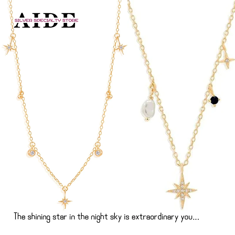 AIDE 925 Sterling Silver Diamond Octagonal Star Pearl Pendant Necklaces Clavicle Chain for Women Charms Jewelry Gift Collares CZ