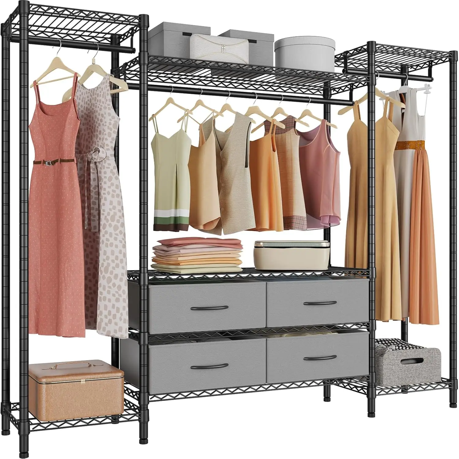 Wire Garment Rack Heavy Duty Clothes Rack, Metal Clothing Rack with 6 Shelves, 3 Hang Rods & 4 Fabric Drawers, Compact