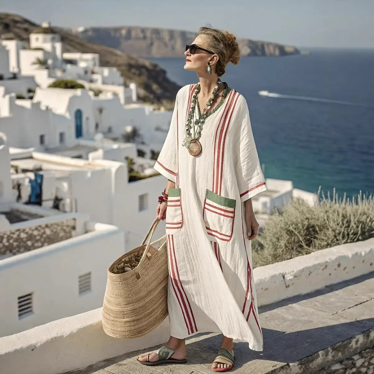 Women's Dress V Neck 3/4 Sleeve Printed Loose Fit Maxi Dress Striped Print Oversized Beach Boho Style Kaftan Dress Blue Striped