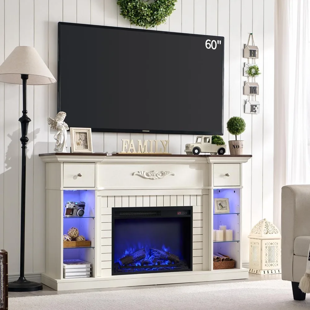 TV Stand for 60 Inch TVs with 7 Color&Open Adjustable Shelves&Drawers 23'' Fireplace Insert Heater Electric Fireplace TV Console