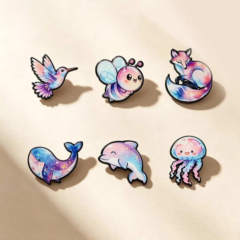 6pcs Cute Little Animals Brooch Fantasy Starry Sky Animal Metal Badges Cute Cartoon Broochs Creative Bag Accessory Student Gifts