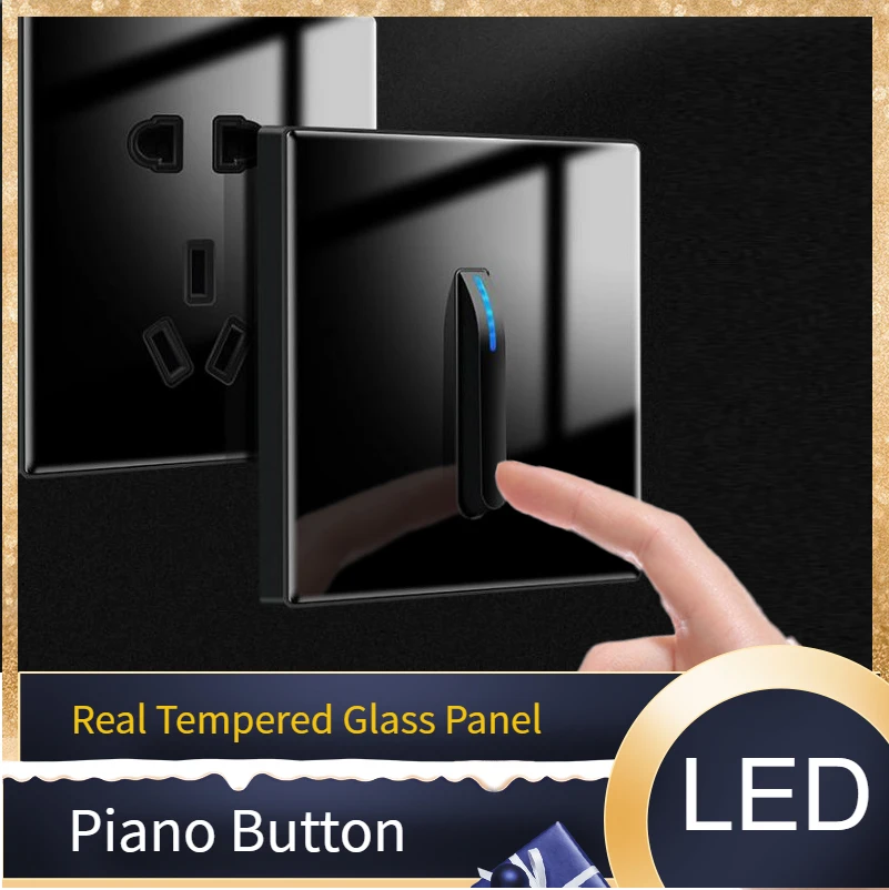 Wallpad 1 2 3 4 Gang Crossover Passthrough Black Glass Panel Piano Key Round Corner Wall Light Switch