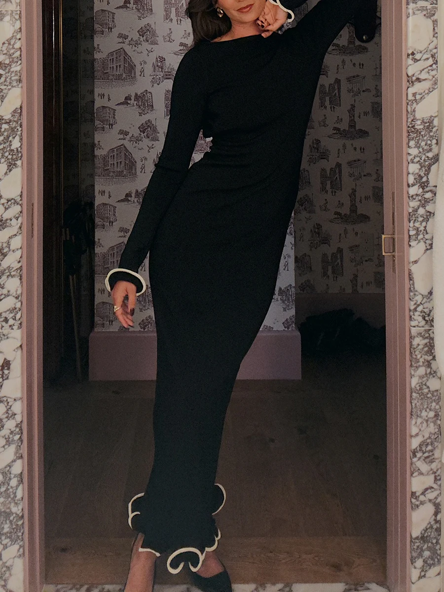 Women Sweater Dress Patchwork Trim Tie-Up Backless Long Sleeve Long Dress Fall Fashion Casual Knit Dress