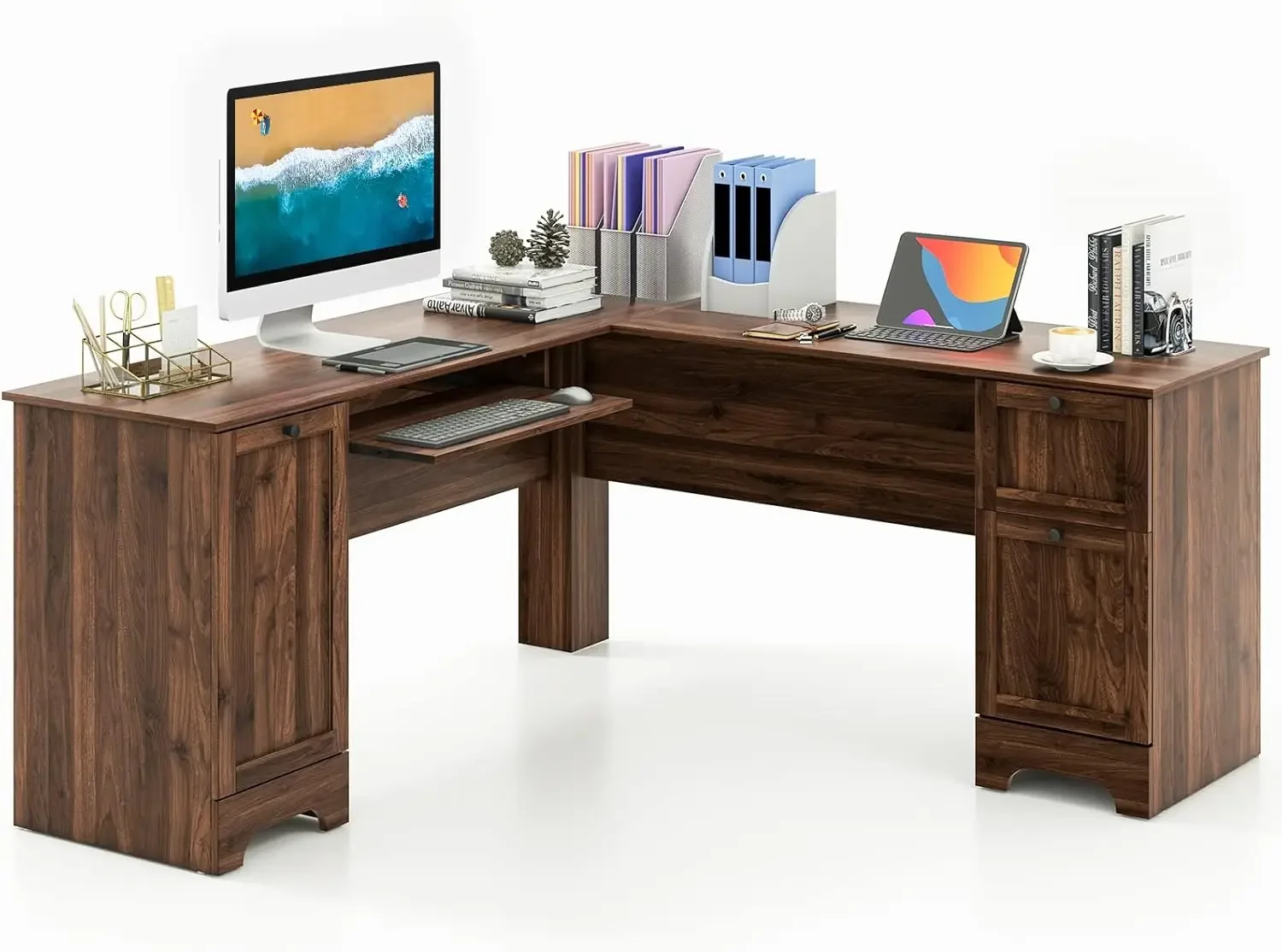 L-Shaped Office Desk with Storage Drawers Keyboard Tray, Home Corner Computer Desk with Cabinet Adjustable Shelf, Writing Desk