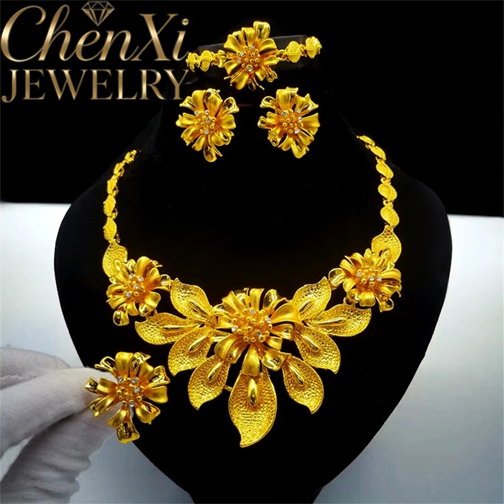 High-End Luxury Elegant Alluvial Gold Fashion Popular Jewelry Set Women Wedding Party Banquet Necklace Earrings Ring 4pcs Gift