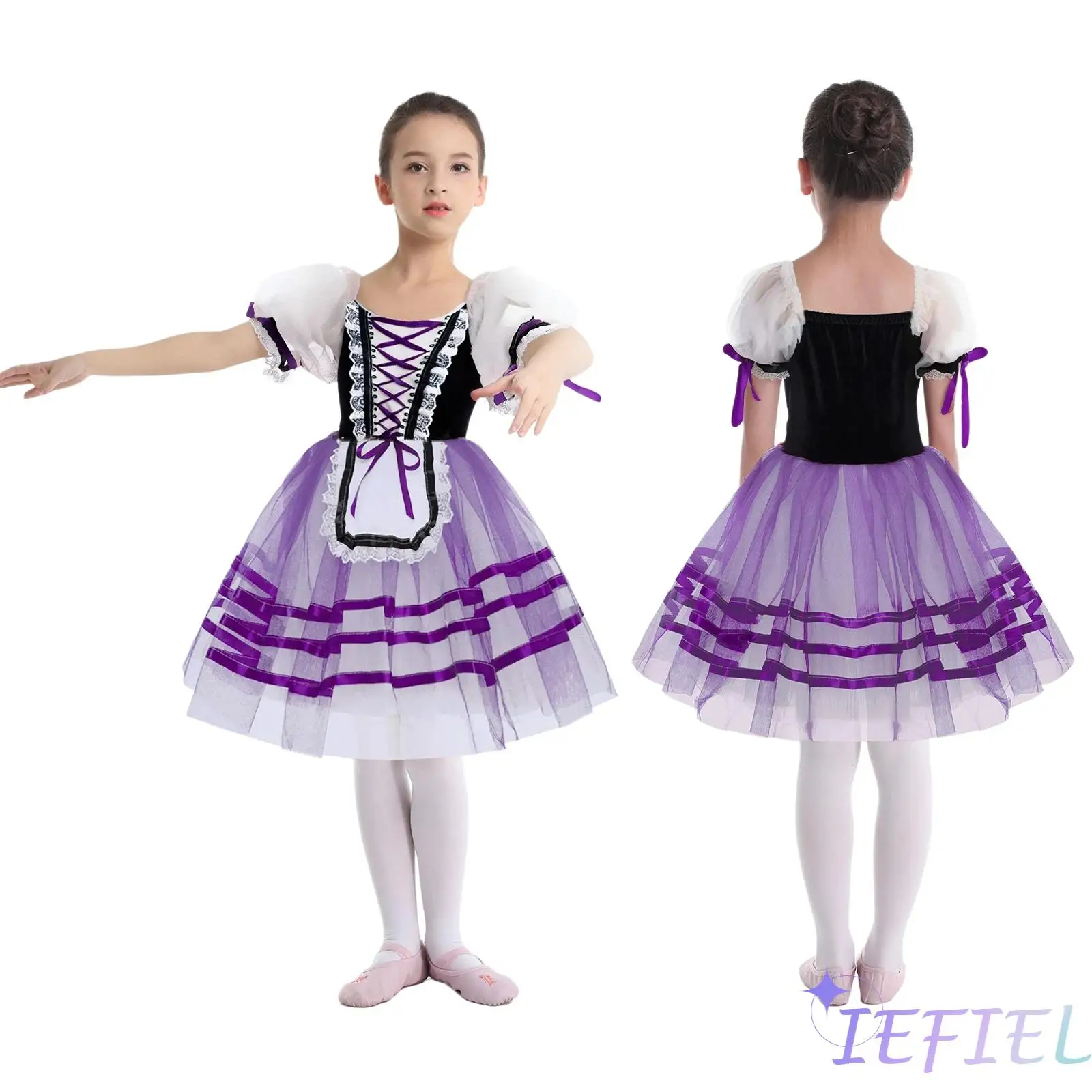 

Girl Lyrical Elegant Ballet Dance Outfit Puff Sleeve Tutu Dress Stage Prom Performance Costume Gymnastics Ballet Dress Dancewear