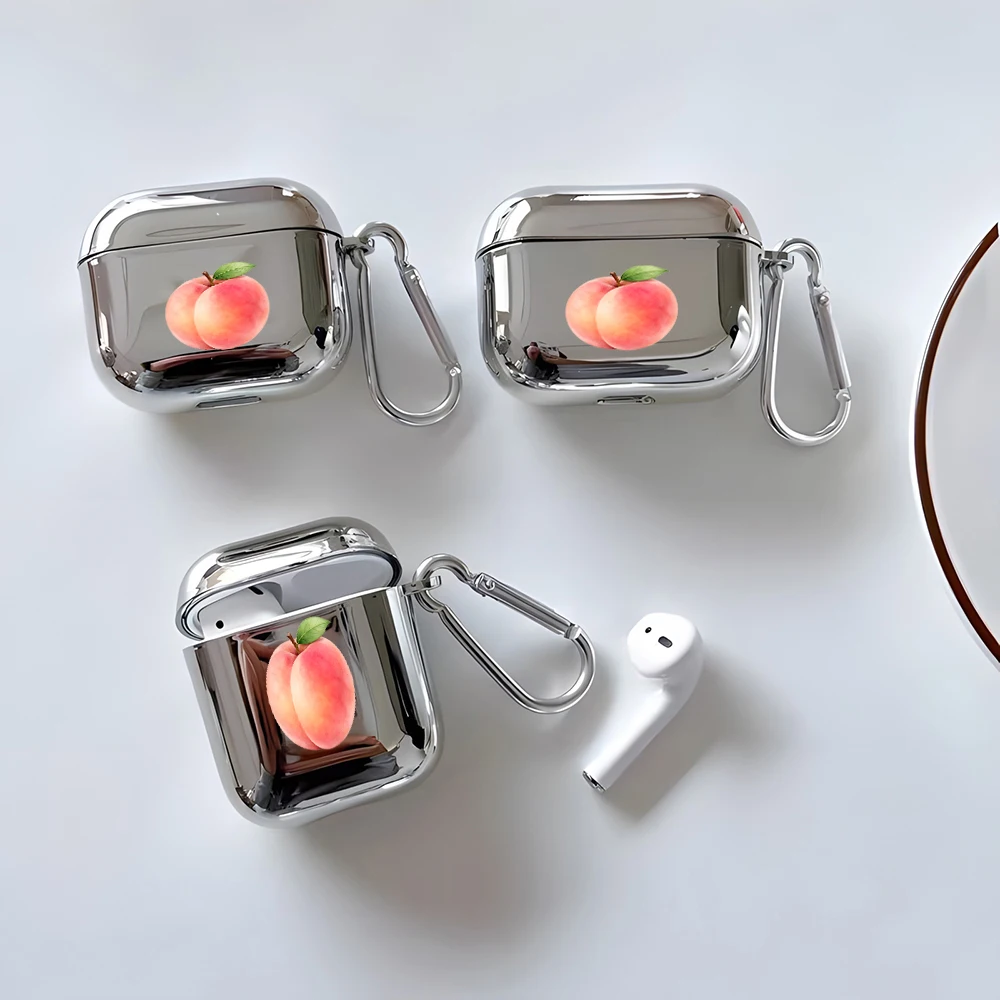 

Cute Peach Fruit Electroplated Silver Earphone Case For AirPods 4/3/2/1 Earbuds Case For AirPods Pro 3/Pro2/Pro Protective Cover