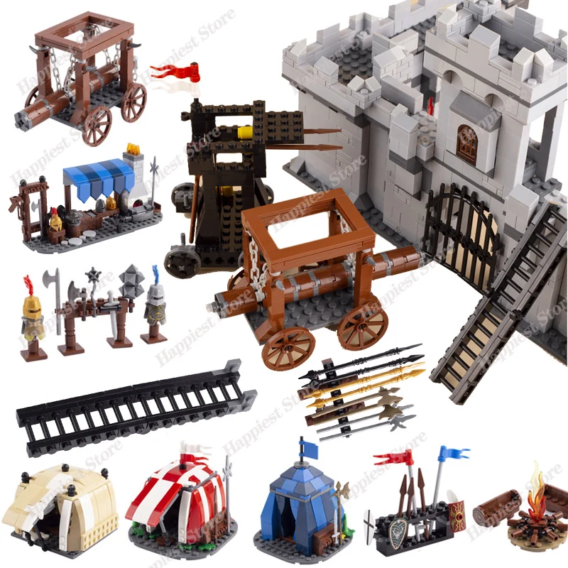 MOC Medieval Siege arma militar carpa ballesta vehículos bloques de construcción Castillo caballeros romanos figuras espadas accesorios Juguetes