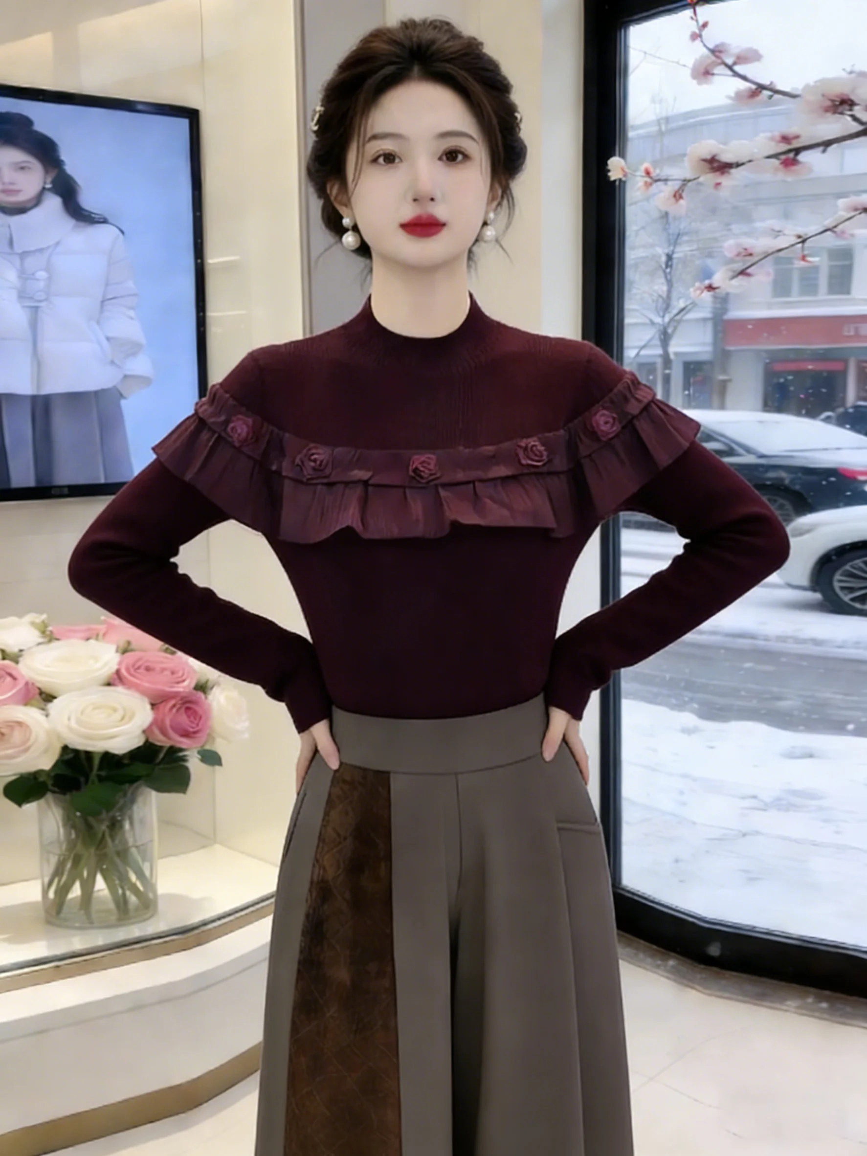 

Вязаный свитер Ele Wine Red Lace Sve для женщин, осенне-зимний, модный базовый элемент, корейский стиль, облегающий, с круглым вырезом...