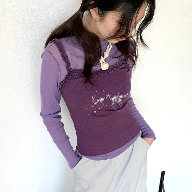 Karrram Y2k Aesthetics Lace Camisole Japanese Harajuku Knitted Tank Top Vintage 2000s Fairycore Camis Tops Purple Korean Fashion