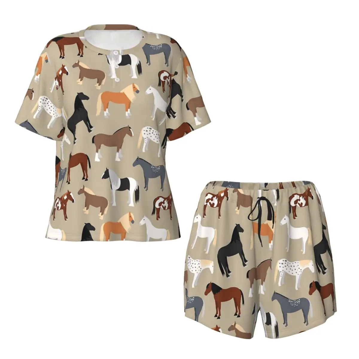 

Ночная рубашка с круглым вырезом и короткими рукавами с принтом пород лошадей, женский мягкий пижамный комплект с короткими штанами