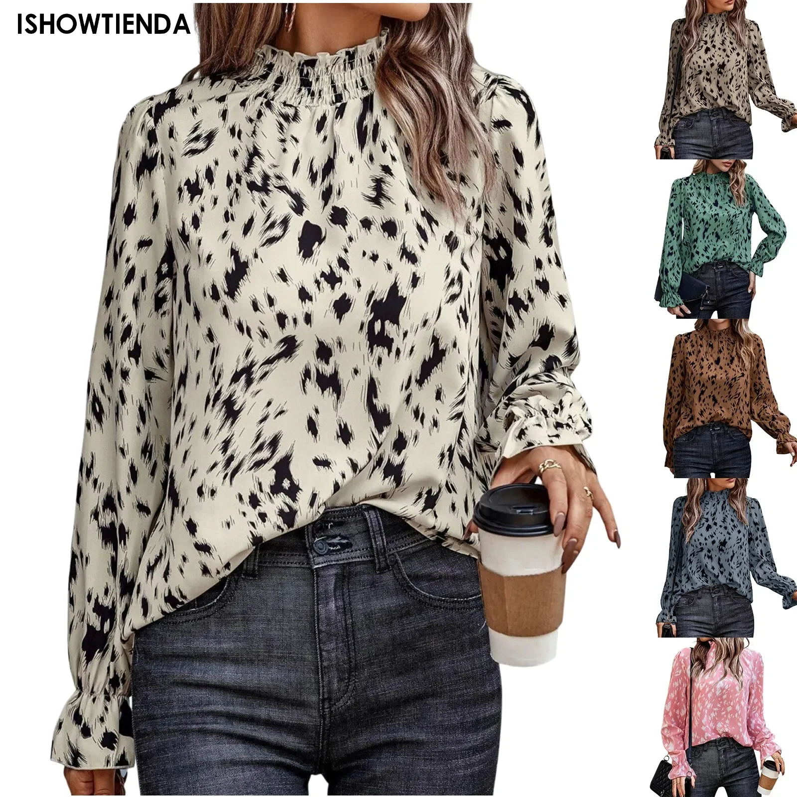 Autumn Women's Shirt Long Sleeve Half High Neck Vintage Lantern Sleeve Printed Shirt Pleated Chiffon Shirt Blouse Tops Camisas