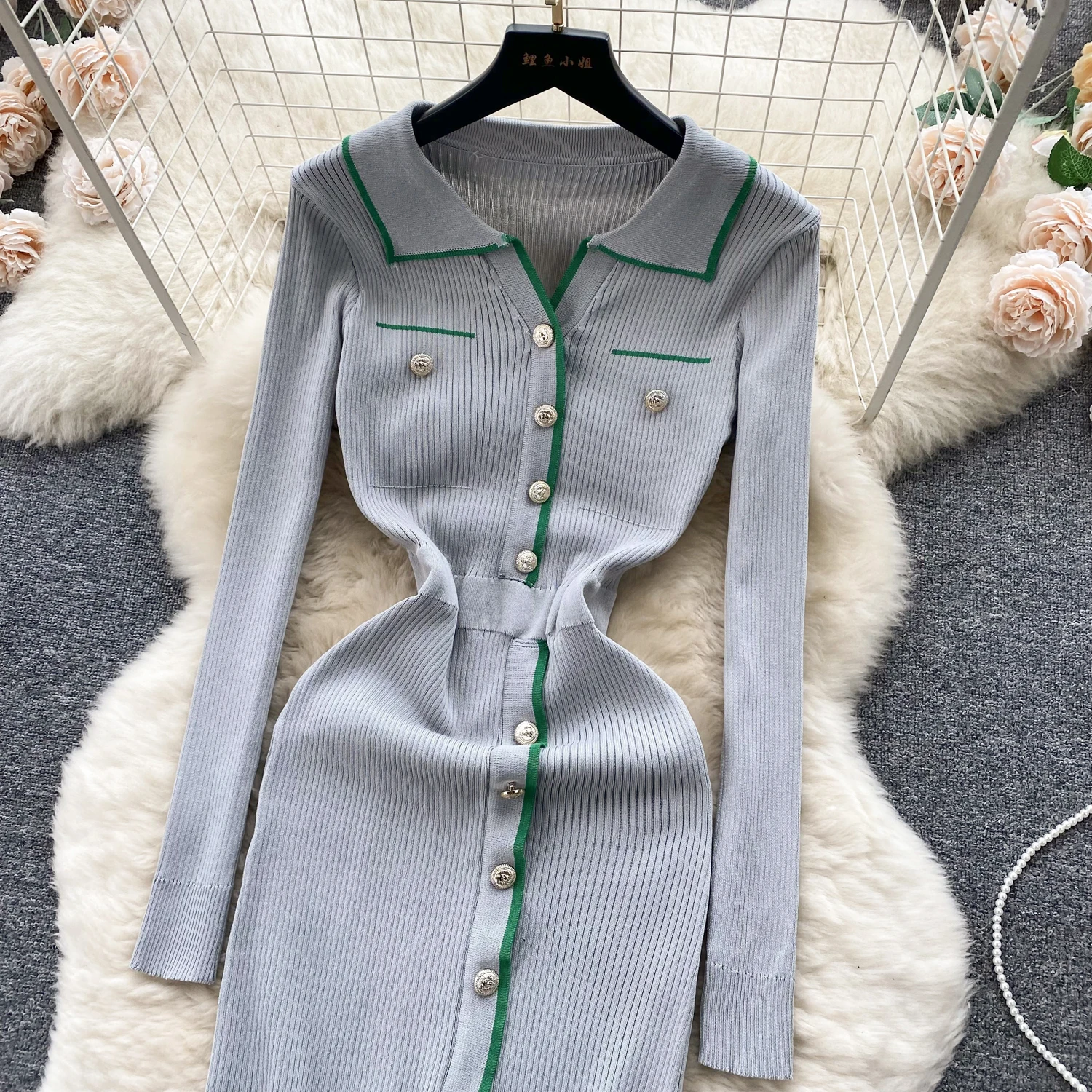 Elegant Sexy Single Breasted Long Sleeve Lapel Split Bodycon Dress French Stretch Knit Tight Vestido Slim Autumn Winter Robe