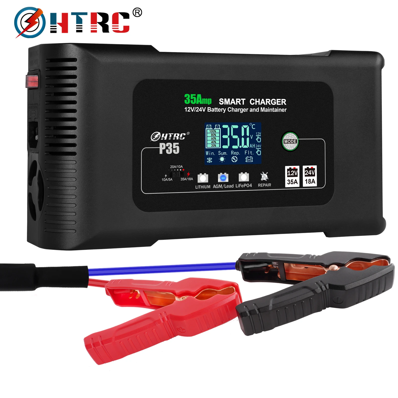 

HTRC 35A 12V 24V Car Battery Charger Large Power Automatic Charger for LiFePO4 Lead-Acid Auto Truck 9-Stage Motorcycle Charger