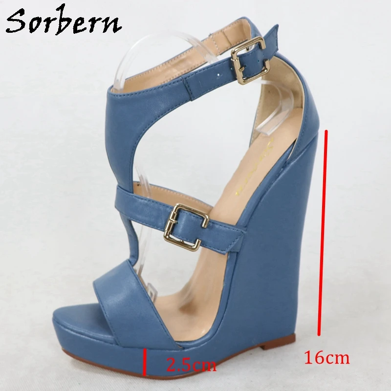 Sorbern Blue Women Sandals For Women Wedge High Heels T-Strap 16Cm Platform Summer Shoes Custom Colors